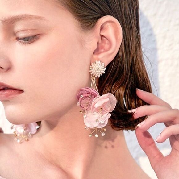 New mesh flower and pearl earrings(Silver Needle) - Picture 8 of 14